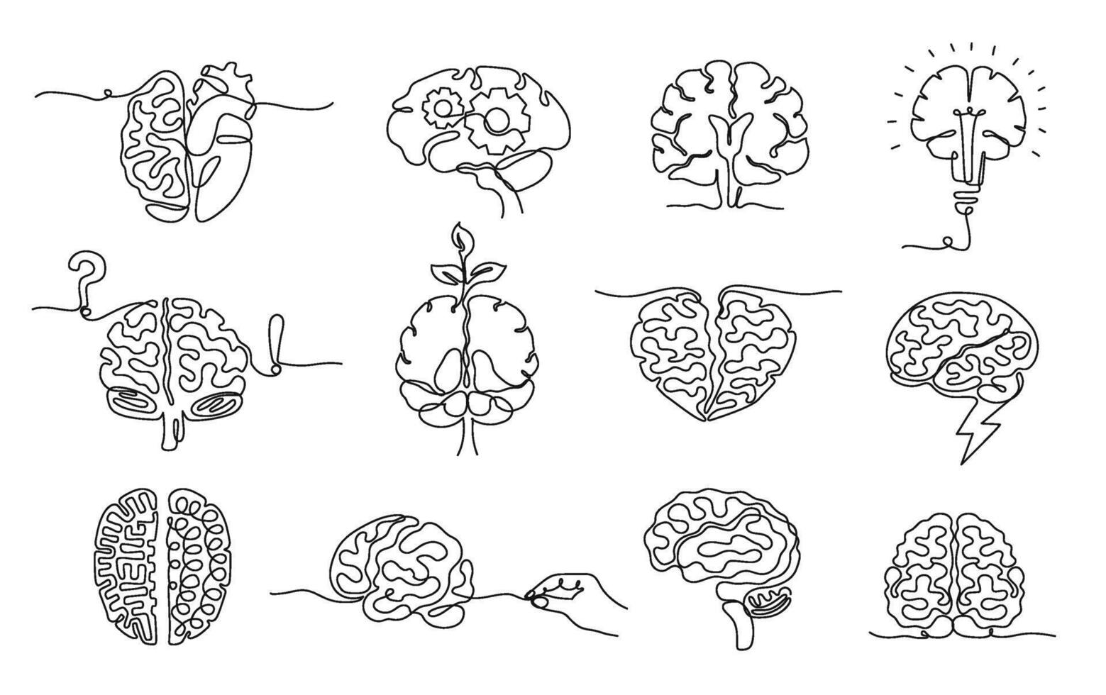 One line continuous human brains. Innovation growth, mental health, creative thinking idea, heart and brain minimalist concept art illustration set vector