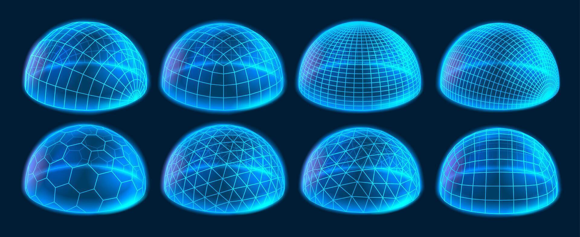 Wireframe dome shields. Secure protection field, digital holographic domes and glowing 3D hemisphere grids. Bubble cover and futuristic safety barrier with glow effect set vector