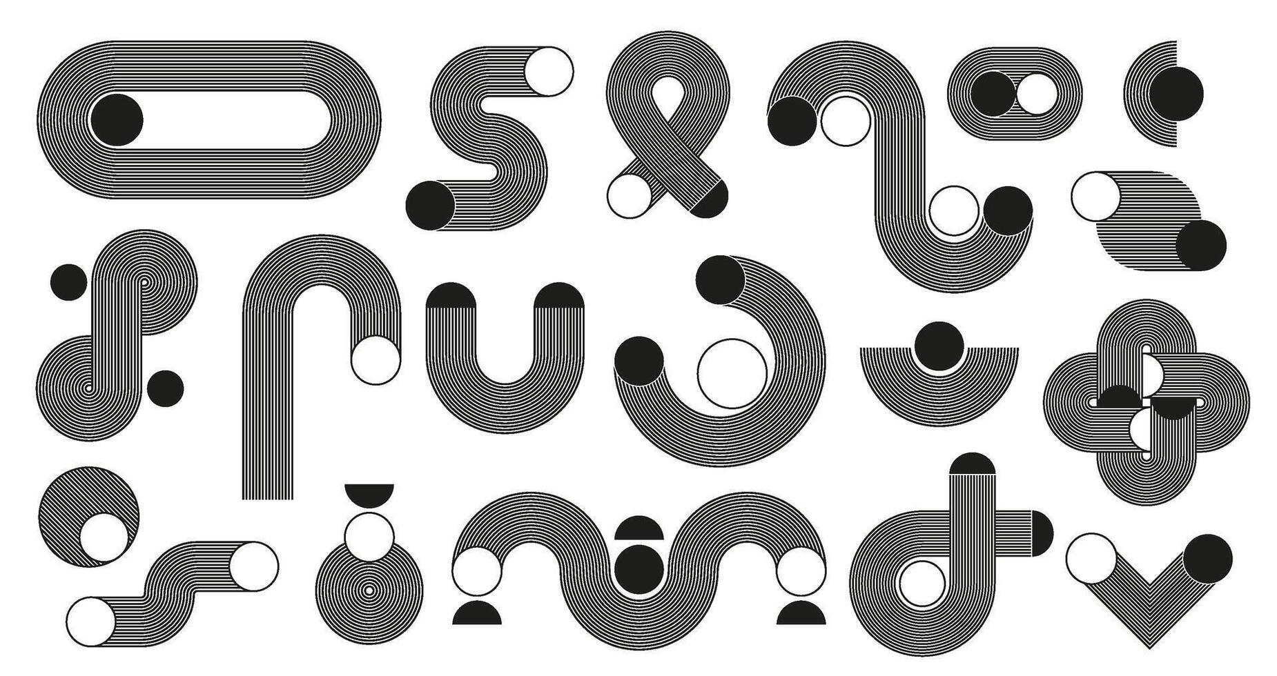 Japanese zen patterns. Minimalist geometric striped line art pattern, balance shape, curve wave, loop and arch figures abstract decorative elements composition set vector