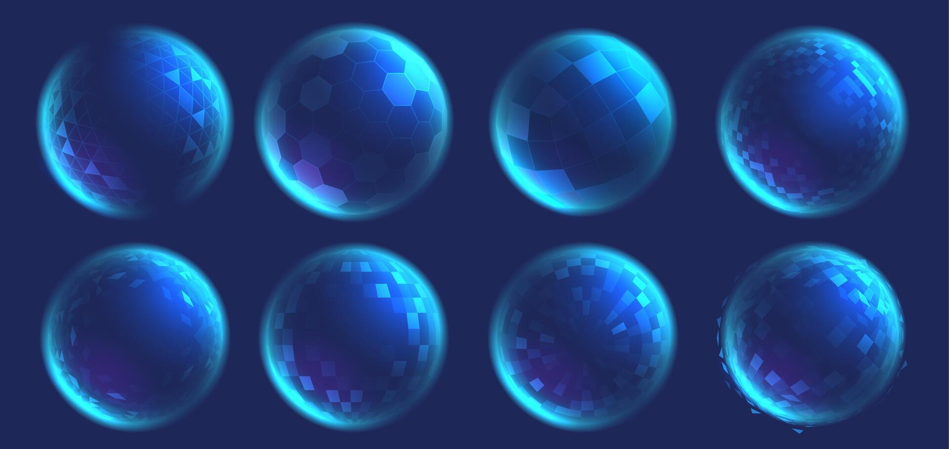 Wireframe sphere shields. Glowing digital bubble, secure 3D grid circle shield and holographic barrier spheres. Futuristic protection field isolated set vector