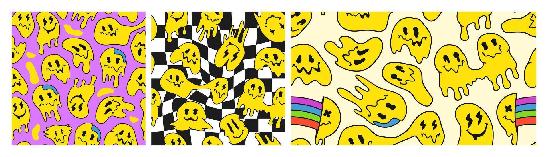 Trippy smile pattern. Retro psychedelic emoji faces in acid rave or Y2K aesthetic, drippy melted blob face and funny smiling seamless patterns illustration set vector