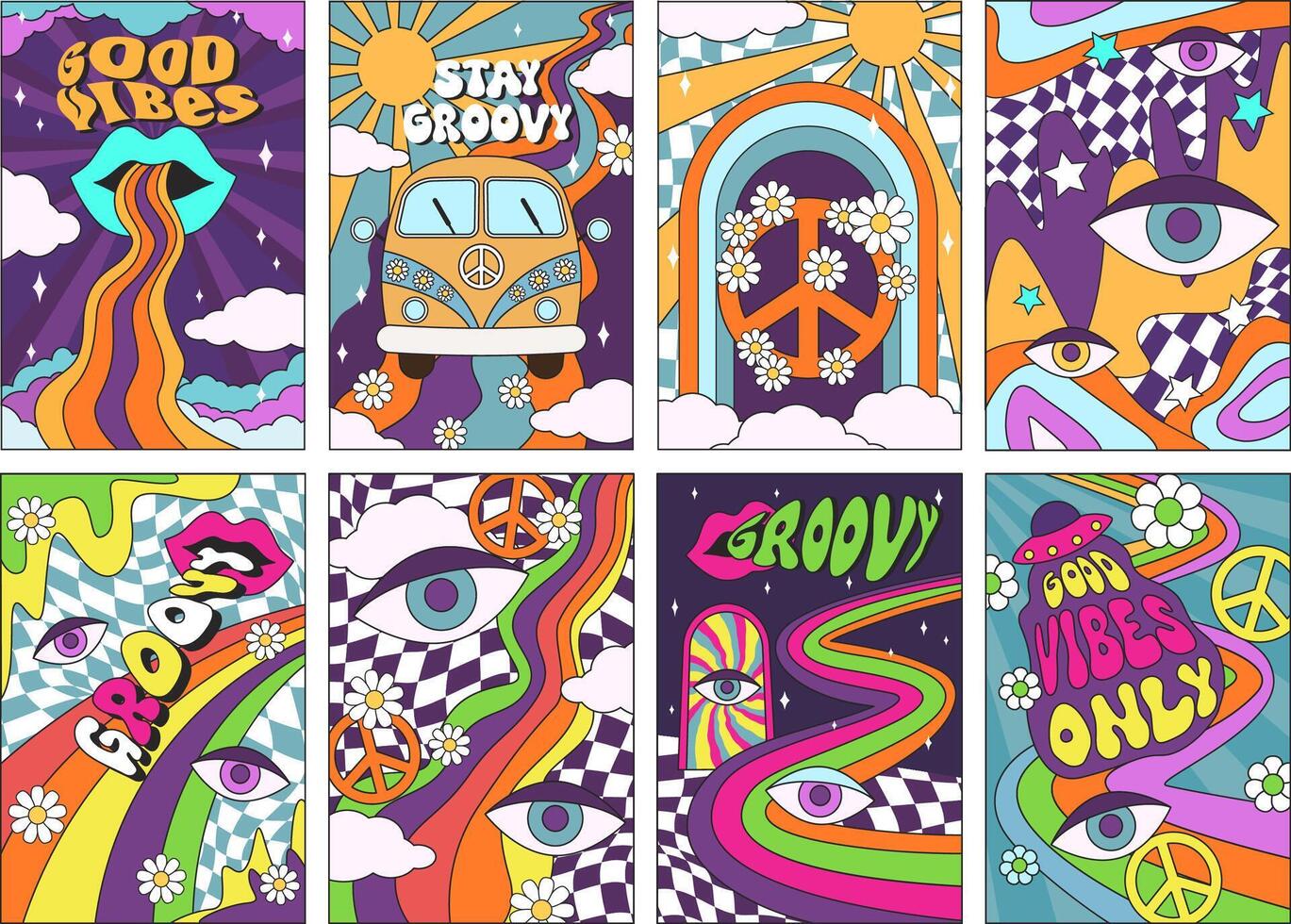 Retro psychedelic posters. Good 70s vibes and stay groovy stickers with abstract rainbows, hippie van, peace sign and nostalgic pop art background illustrations set vector