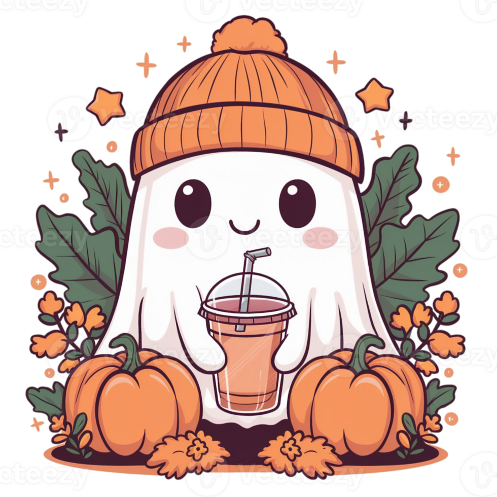 A ghost wearing an orange beanie holds a drink pumpkin latte cutouts png
