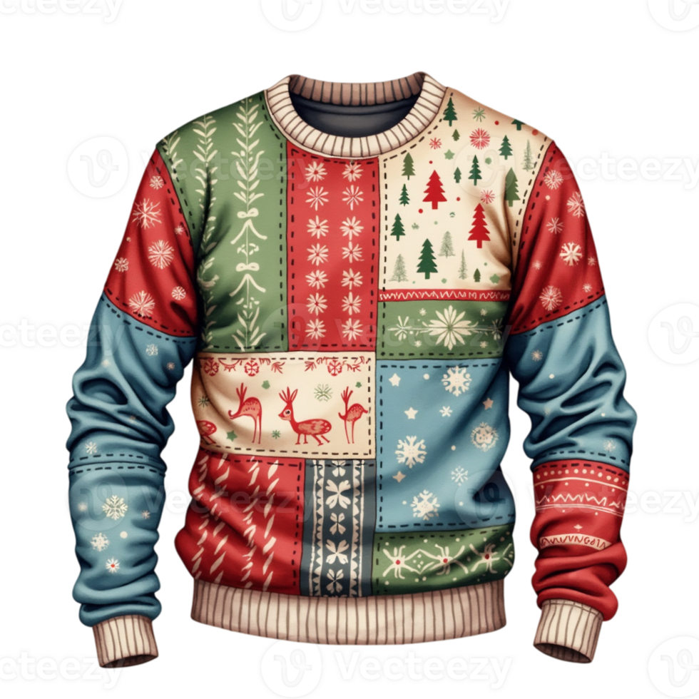 A sweater with a patchwork Christmas cutouts png