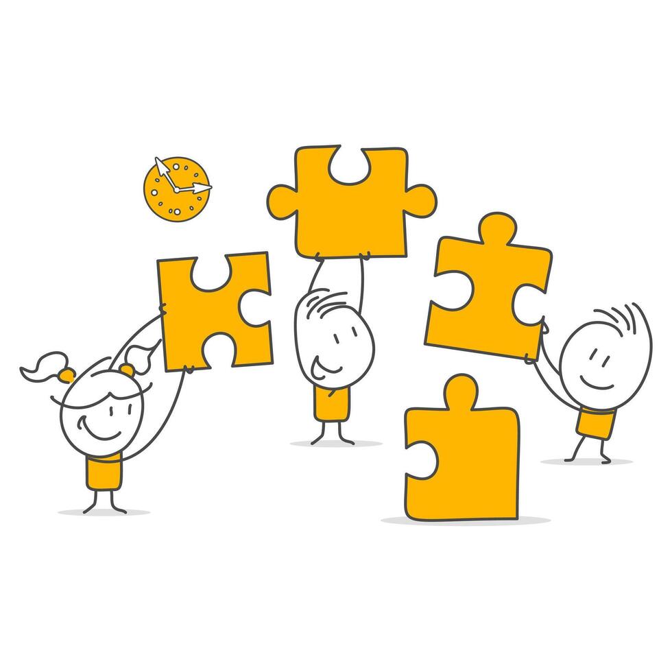 People connecting puzzle elements. Partners holding large puzzle pieces. vector