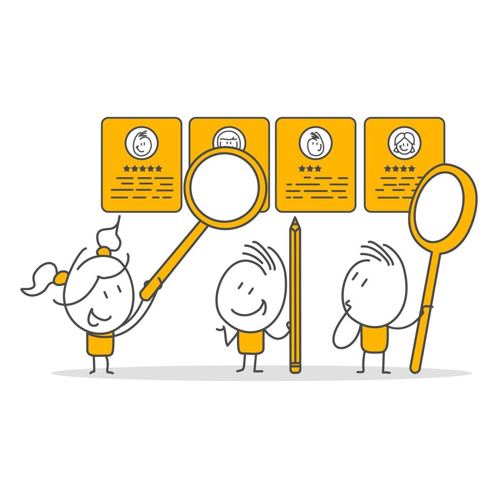 Recruitment process. Business people analyze candidate resume with HR magnifying glass to select. vector