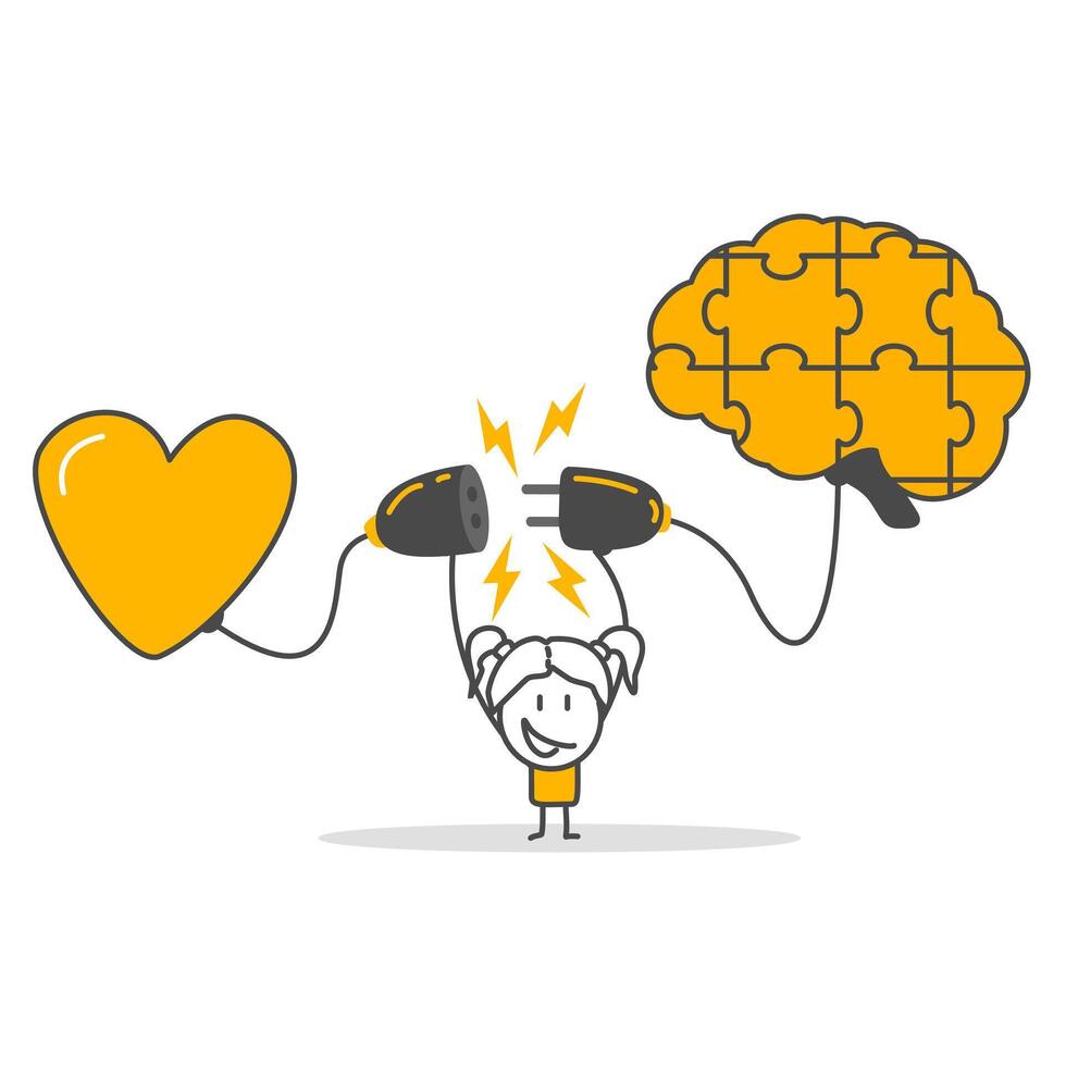 Human heart feeling is associated with logical thinking brain. Concept of self-control or balance. vector
