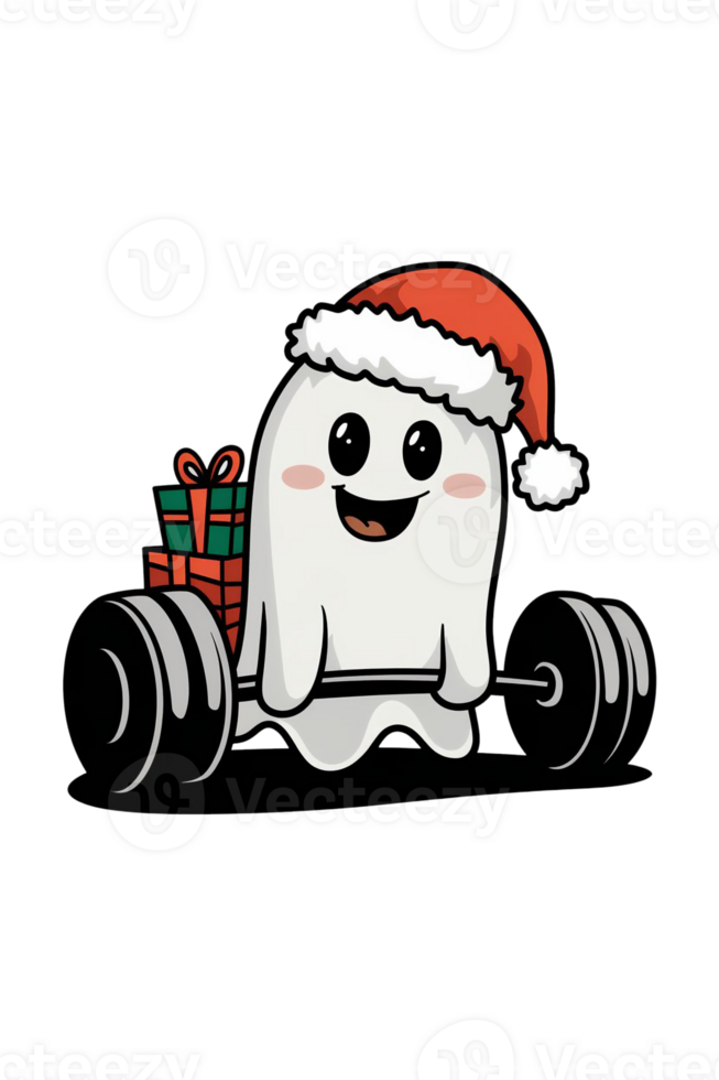 ghost wearing a red Santa hat is happily lifting a barbell with gift boxes behind it cutouts png