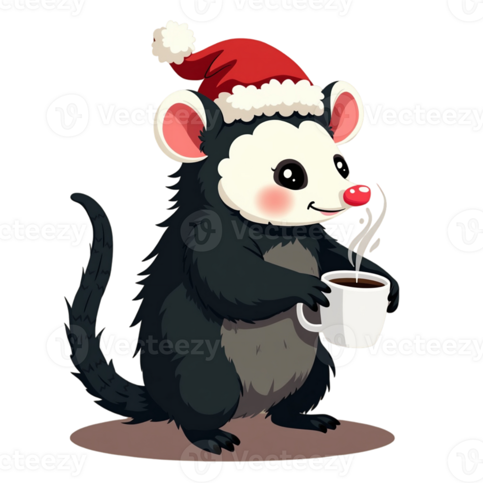 A opossum character wearing a Santa hat holds a steaming cup cutouts png