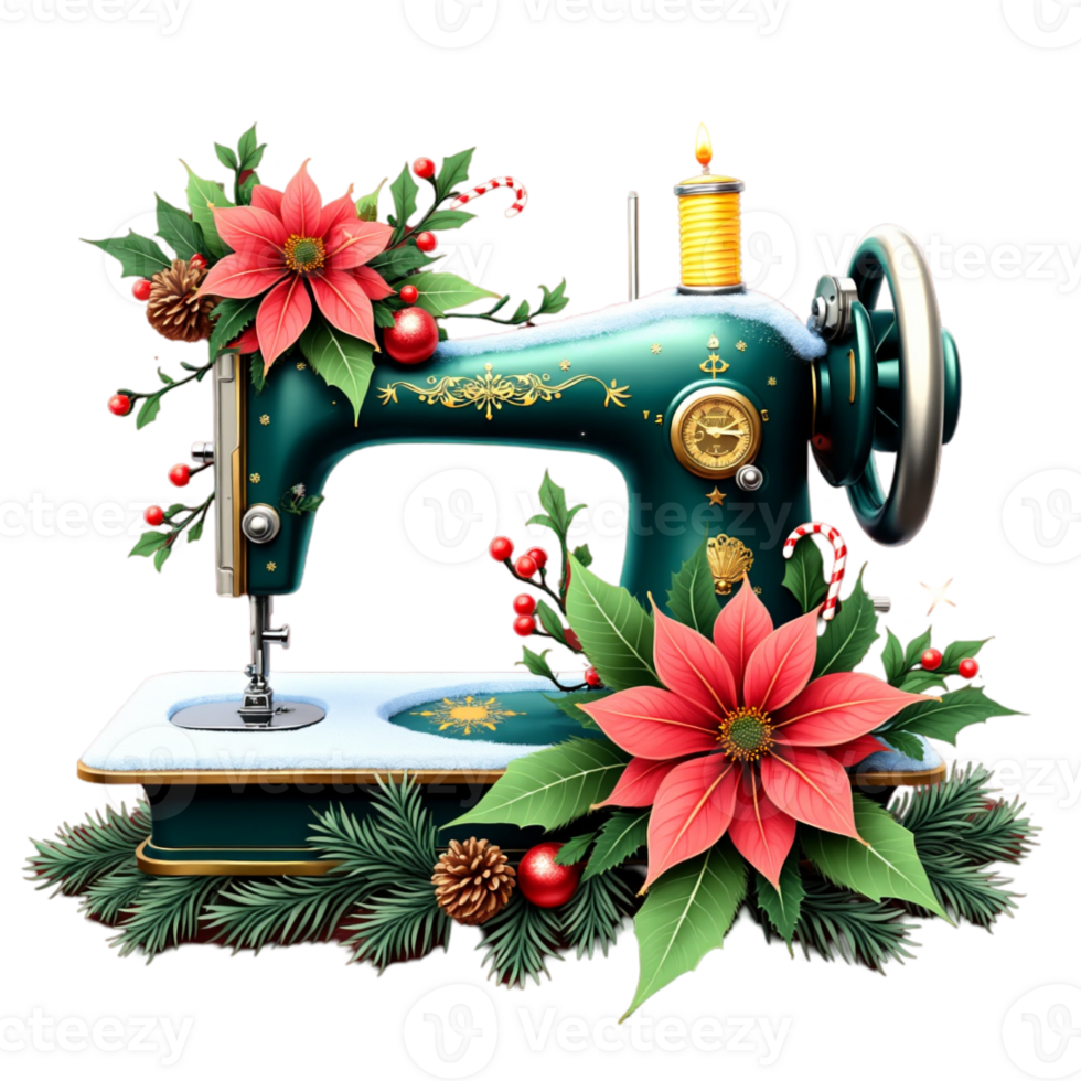 A vintage sewing machine, adorned with festive decorations such as poinsettias cutouts png