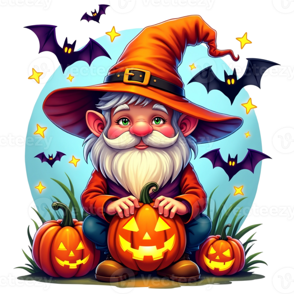 gnome dressed in a witch's hat sits amongst carved pumpkins cutouts png