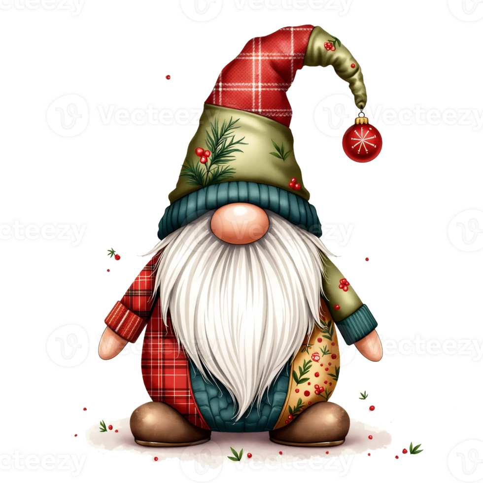 A small gnome with a long white beard and a festive patchwork hat cutouts png