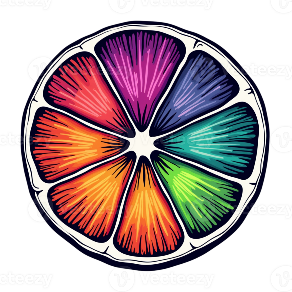 A rainbow representation of a citrus fruit slice features twelve segments, each in a different vibrant cutouts png