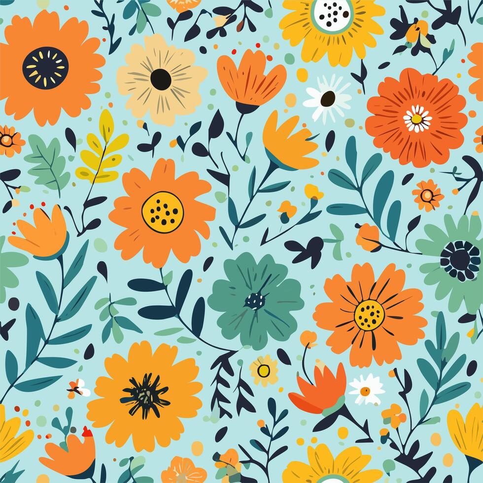 Seamless pattern with hand drawn flowers and leaves illustration vector