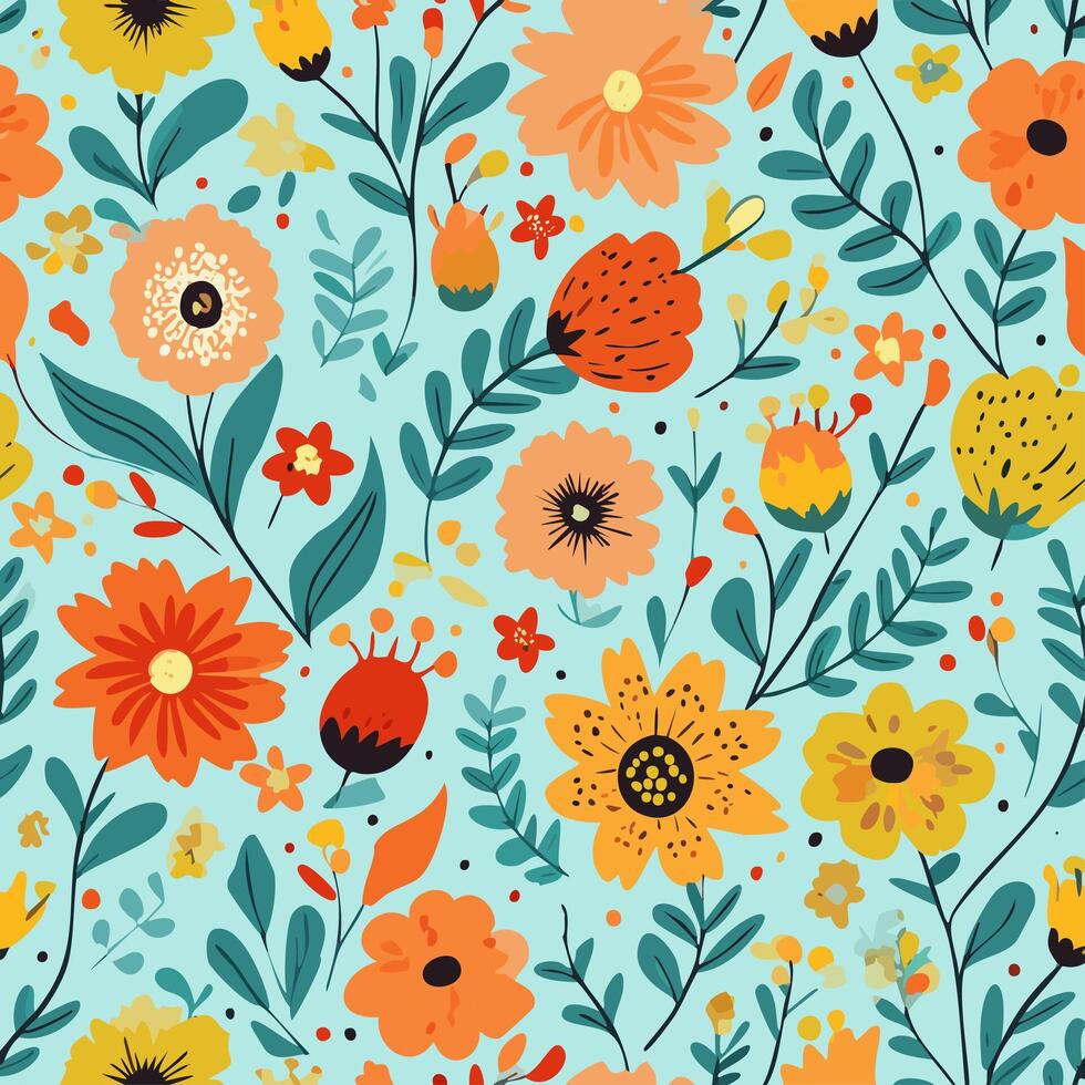 Seamless pattern with colorful flowers and leaves illustration. vector