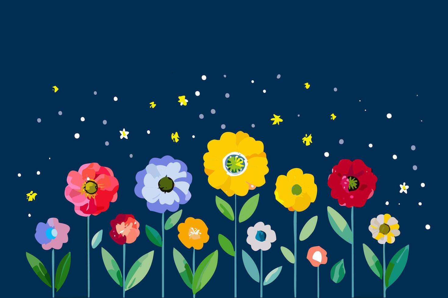 Illustration of a set of colorful flowers on a dark blue background vector