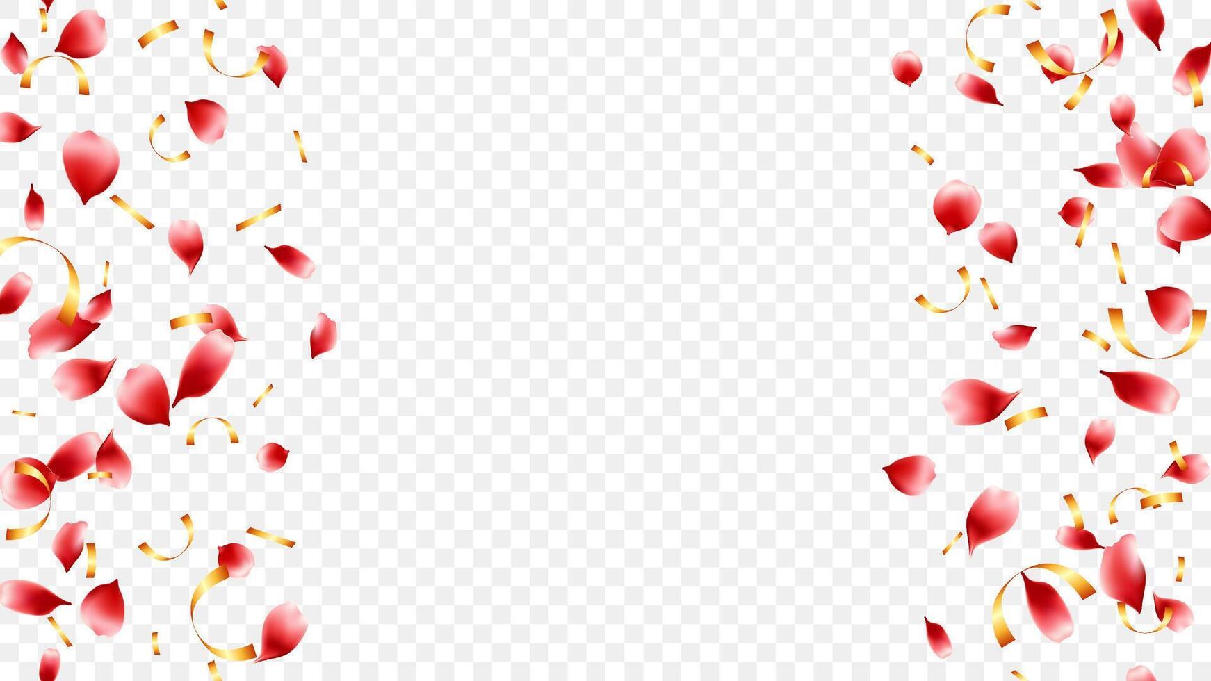 Frame red rose petals flying and gold confetti for celebration, party, holiday, card, greeting, love, birthday and congratulation vector