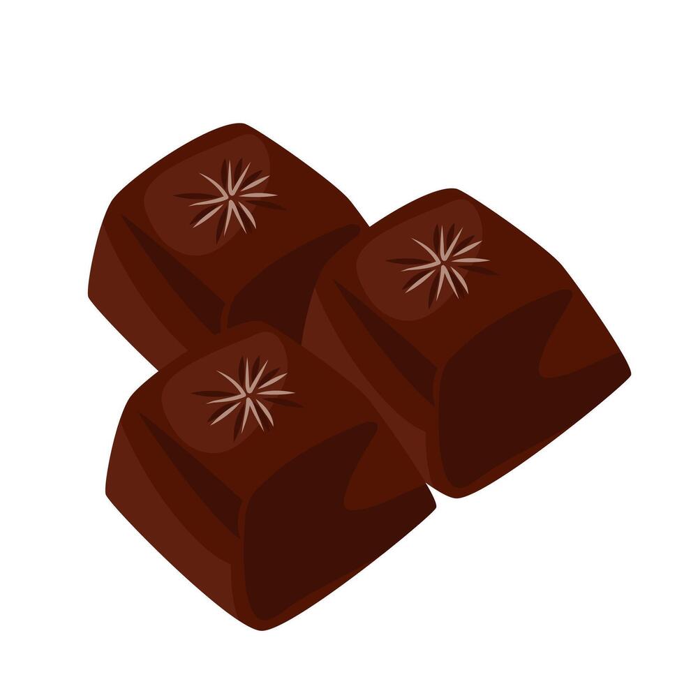 Chocolate cube candies in flat design. Dark cocoa desserts with decoration. illustration isolated. vector