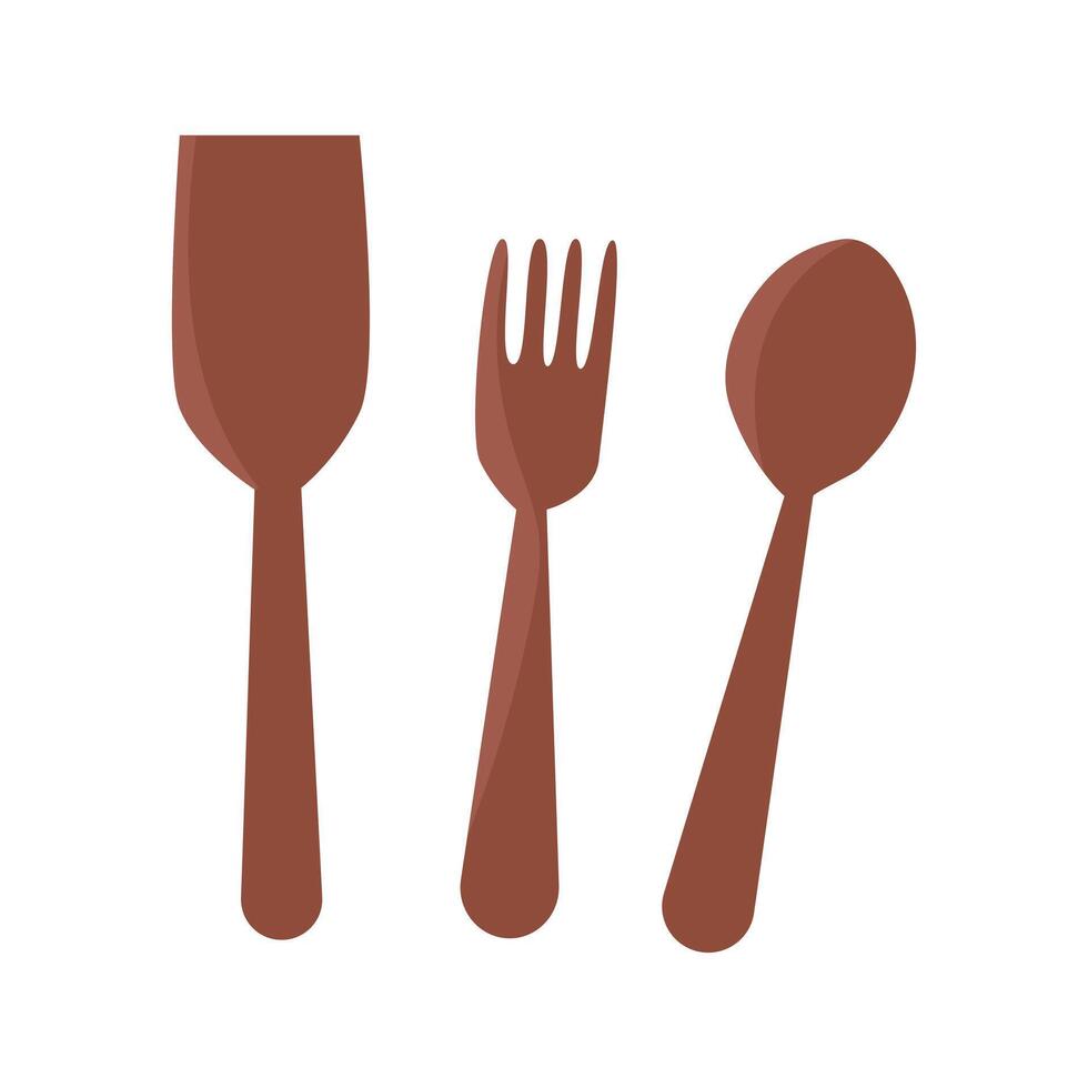 Camping camping in flat design. Wooden brown spatula, fork and spoon. illustration isolated. vector