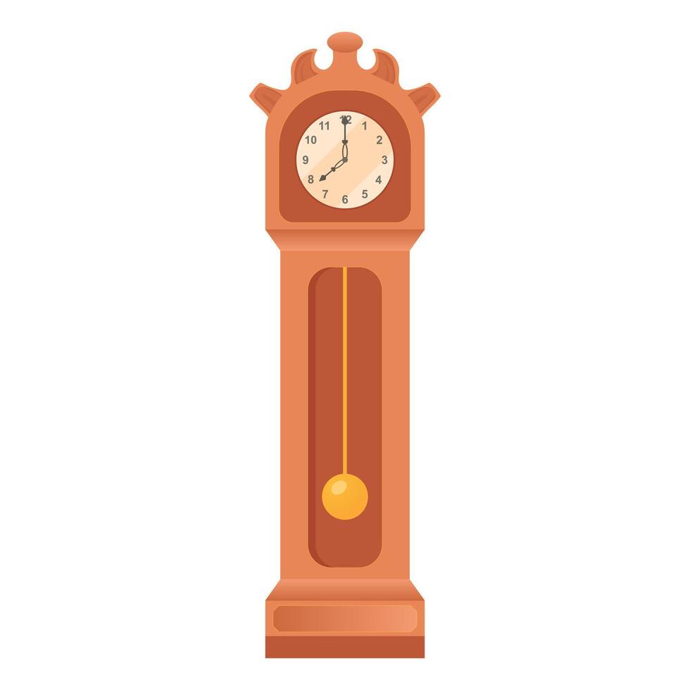 Pendulum clock in flat design. Vintage grandfather wooden floor clock. illustration isolated. vector
