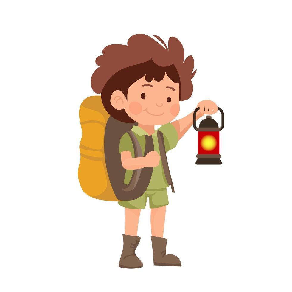 Boy scout with backpack and lantern in flat design. Teenager in uniform at camping. illustration isolated. vector
