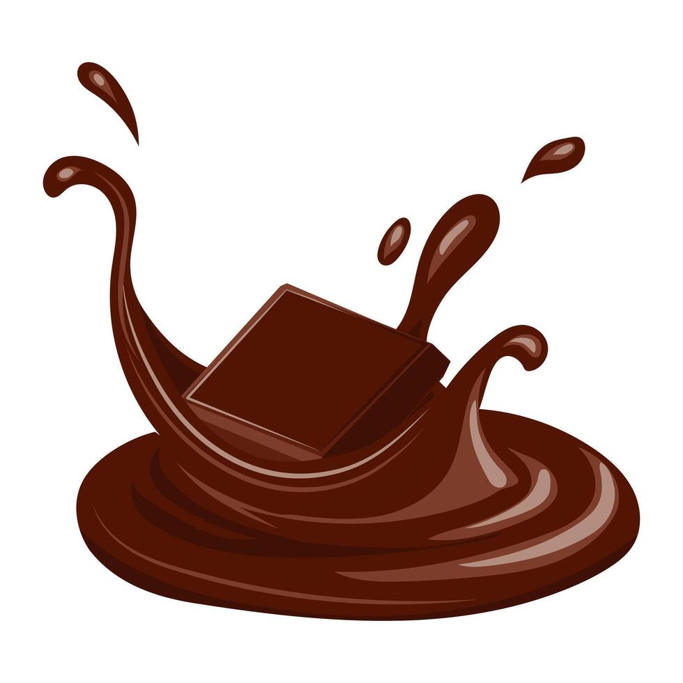 Chocolate cube falling in liquid in flat design. Cocoa candy in cream swirl. illustration isolated. vector