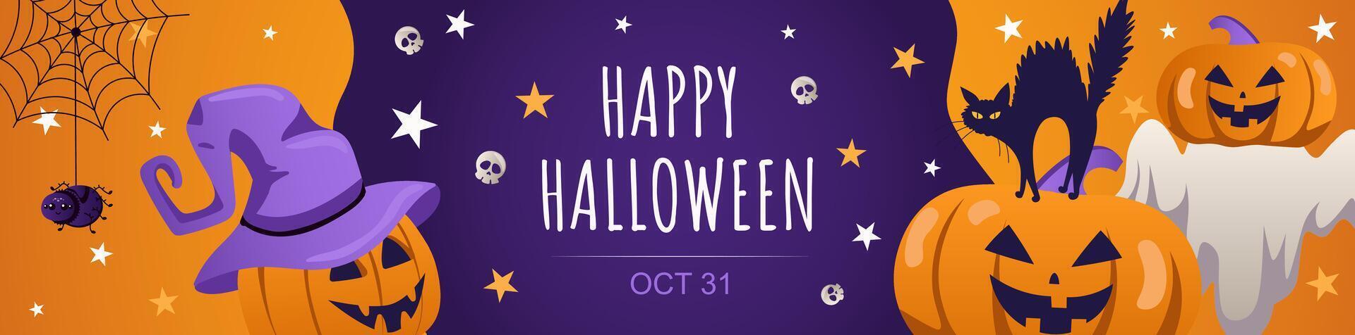 Happy Halloween banner design. Party invitation template with creepy pumpkins with evil smiles and wearing witch hat, black cat, spooky ghost, spider on web, skulls and stars. illustration. vector