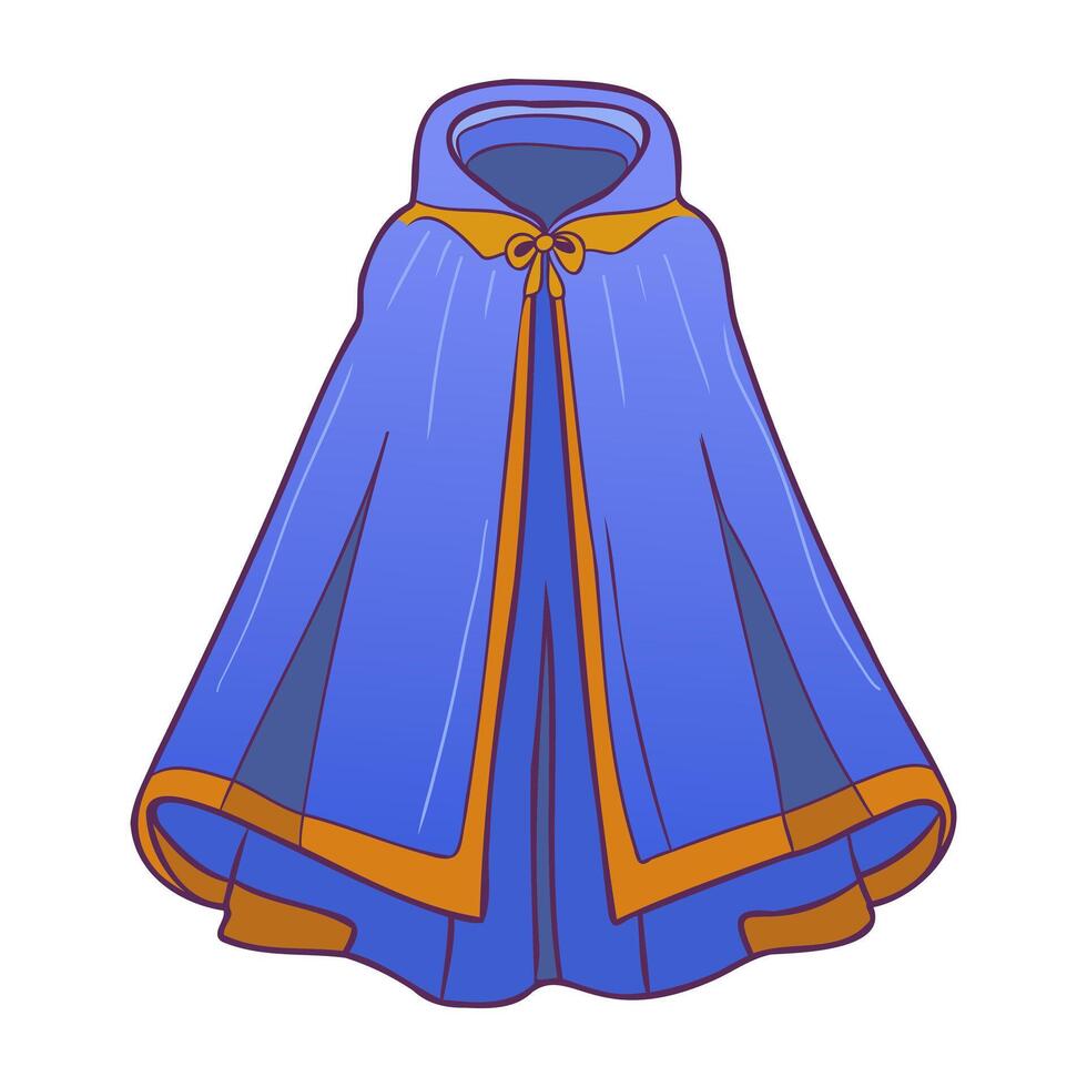 Blue magic cloak with hood in flat design. Masquerade mantle for costume. illustration isolated. vector