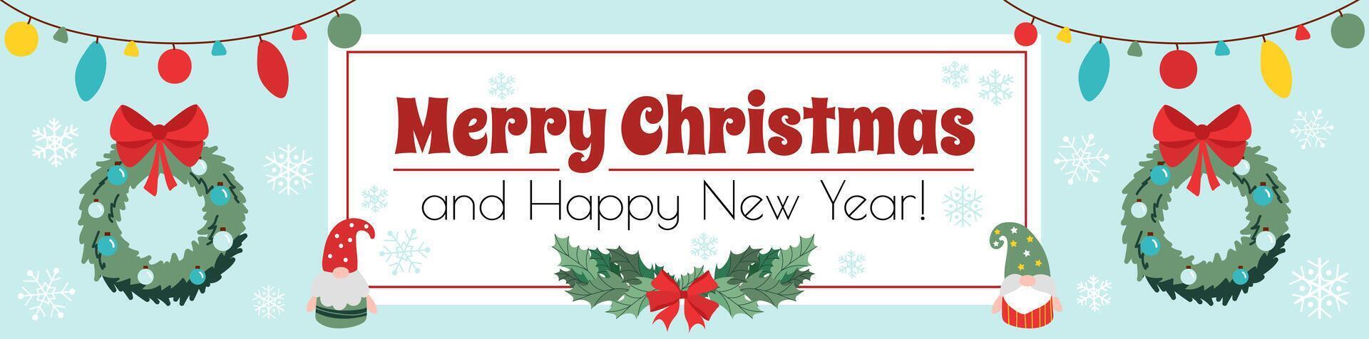 Merry Christmas banner design. Xmas party invitation template with pine branches wreath with red bows, garlands with balls and toys, holly, cute gnomes in hats, snowflakes fly. illustration. vector