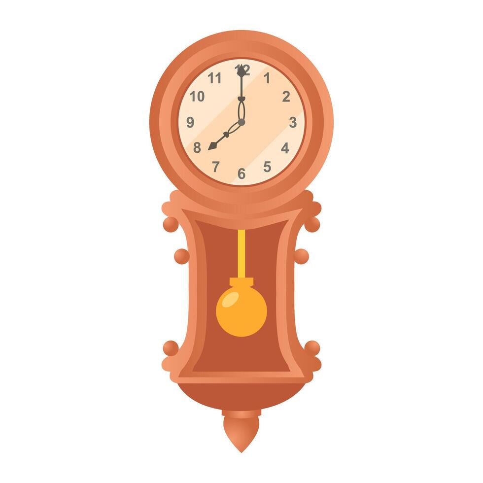 Pendulum clock in flat design. Vintage classic wooden clock for wall. illustration isolated. vector