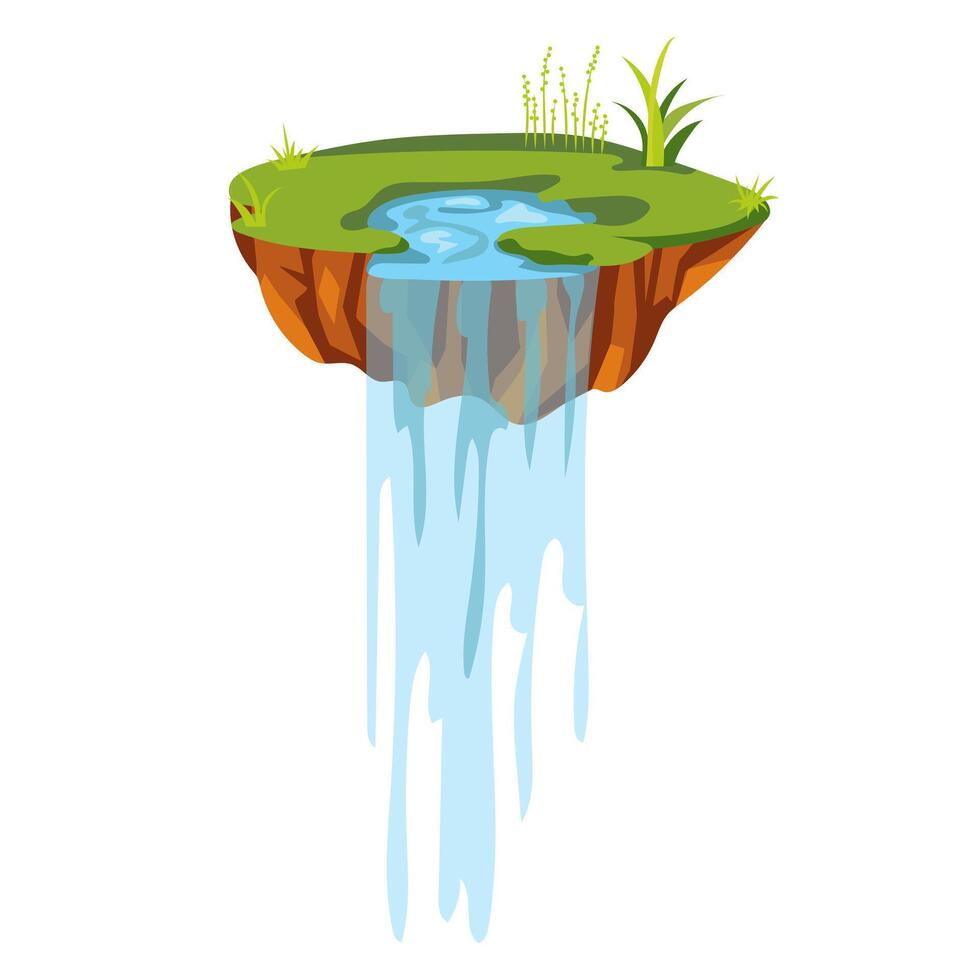 Flying ground island in flat design. Level platform with lawn and waterfall. illustration isolated. vector