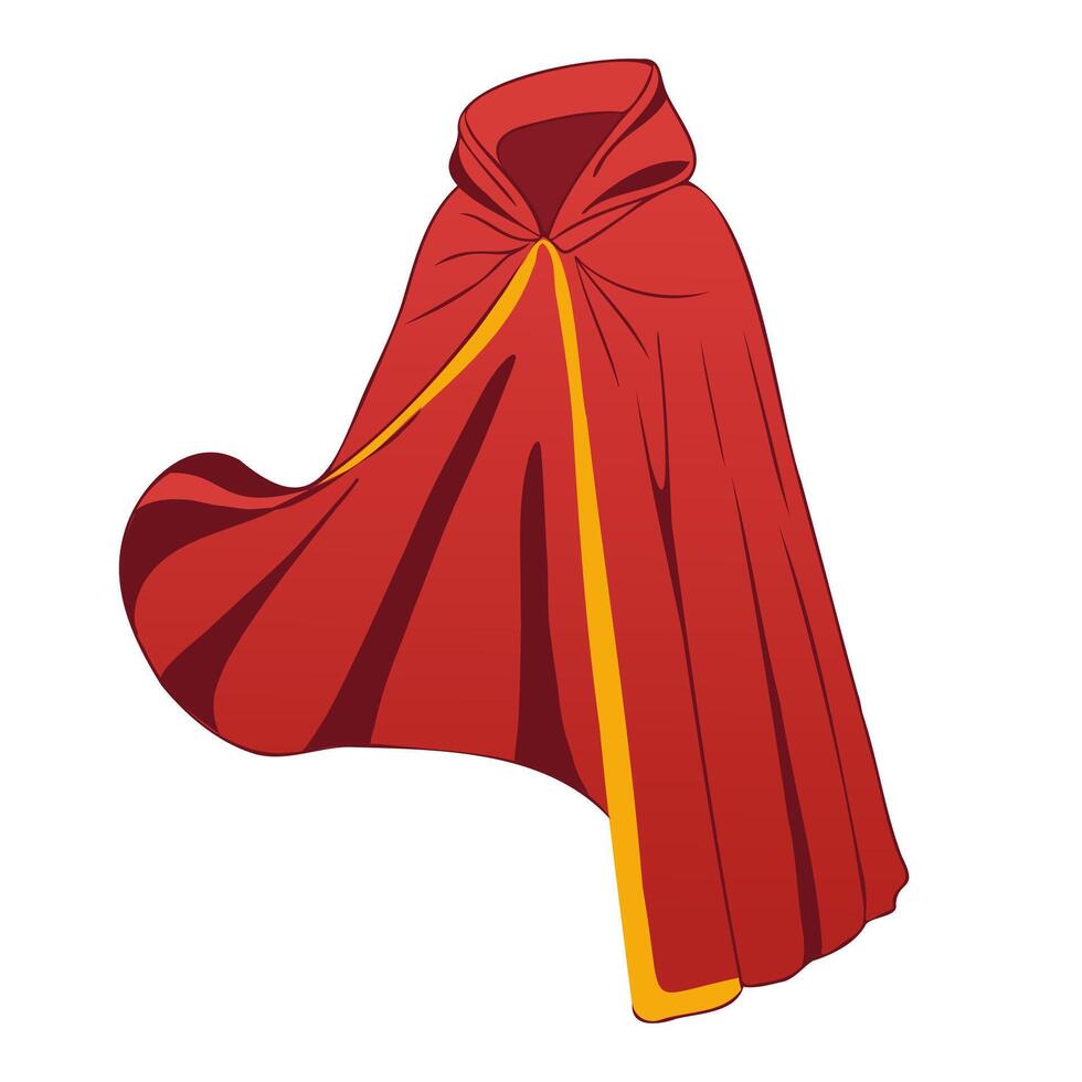 Red magic cloak with hood in flat design. Flowing cape for superhero costume. illustration isolated. vector