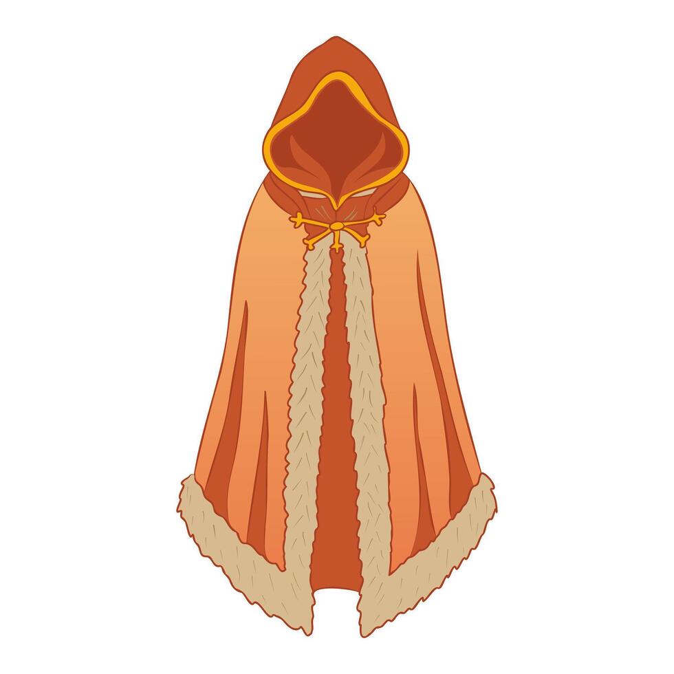 Brown magic cloak with and fur details in flat design. Mantle with hood. illustration isolated. vector