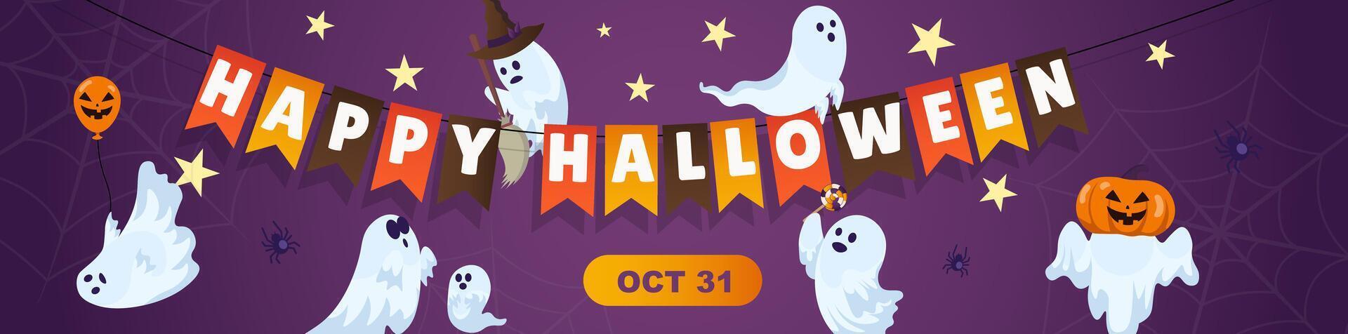 Happy Halloween banner design. Party invitation purple template with spiders, spooky ghosts in pumpkin or witch hat flying by garland, scaring and fearing, hold candy or balon. illustration. vector