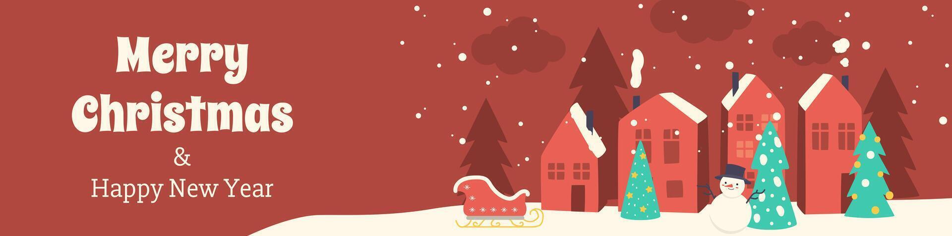 Merry Christmas banner design. Xmas party invitation template with winter snow city with cute red houses and festive fir trees with toys, Santa Claus sleigh and happy snowman. illustration. vector