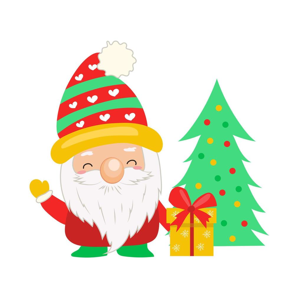Christmas cute gnome in flat design. Dwarf with gift by festive tree. illustration isolated. vector