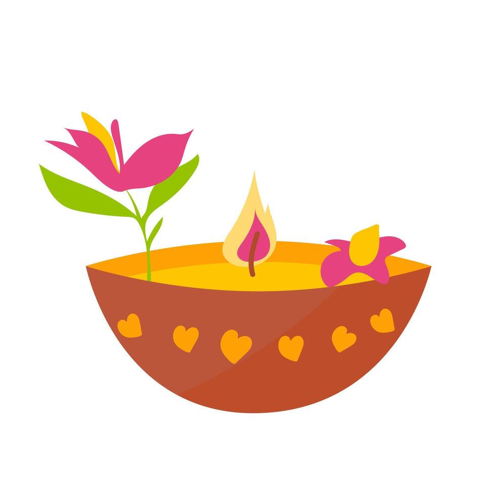 Diwali oil lamp with flowers in flat design. Glowing light lantern at festival. illustration isolated. vector