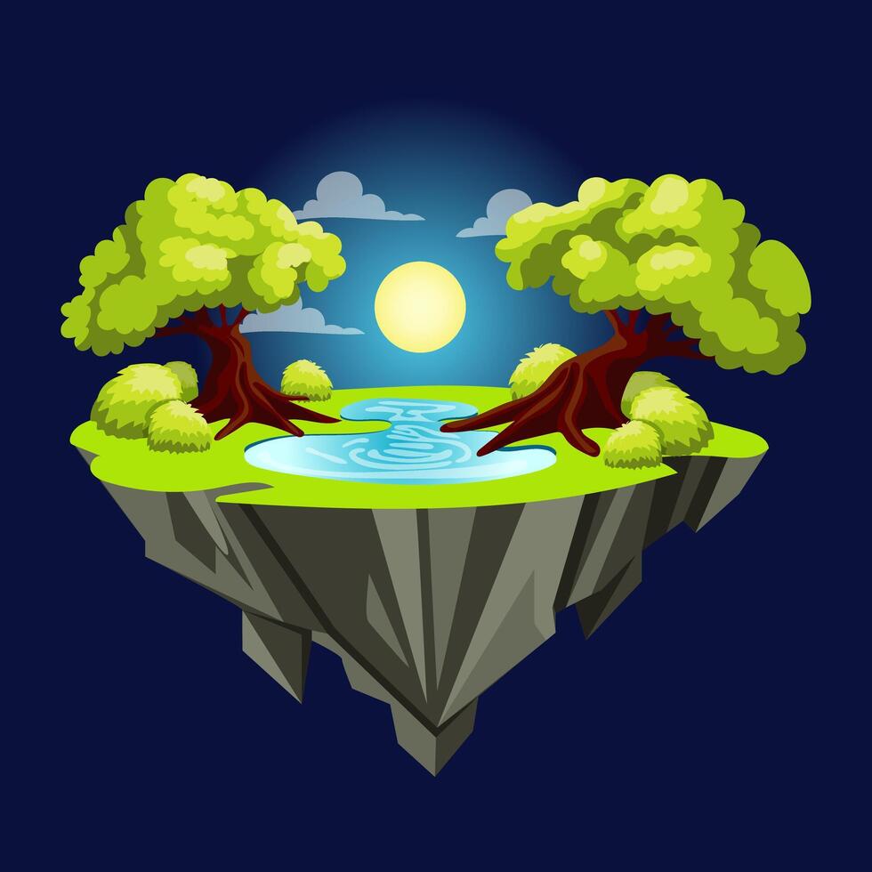 Gaming fantasy island in flat design. Platform with magic night forest with lake. illustration isolated. vector