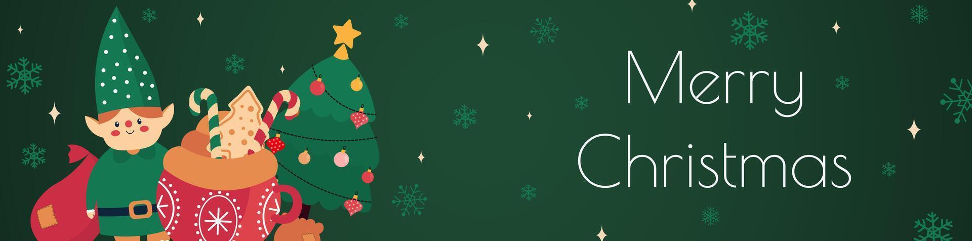 Merry Christmas banner design. Xmas party invitation template with festive pine tree with balls, cute elf, gift bag, cocoa cup with gingerbread and striped candies, snowflake fly. illustration. vector
