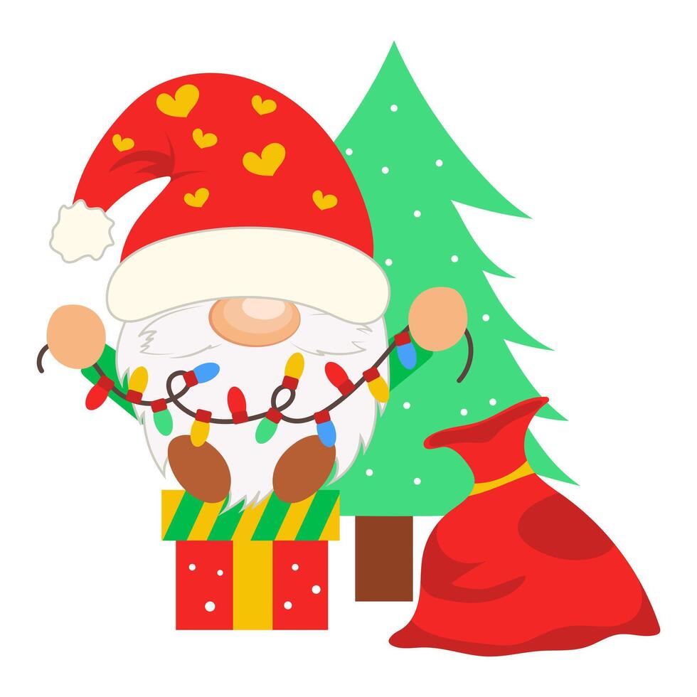 Christmas cute gnome in flat design. Dwarf with garland and gifts by tree. illustration isolated. vector