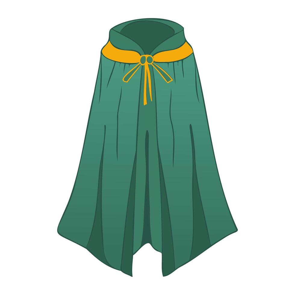 Green magic cloak in flat design. Mediaeval mantle with flowing fabric. illustration isolated. vector