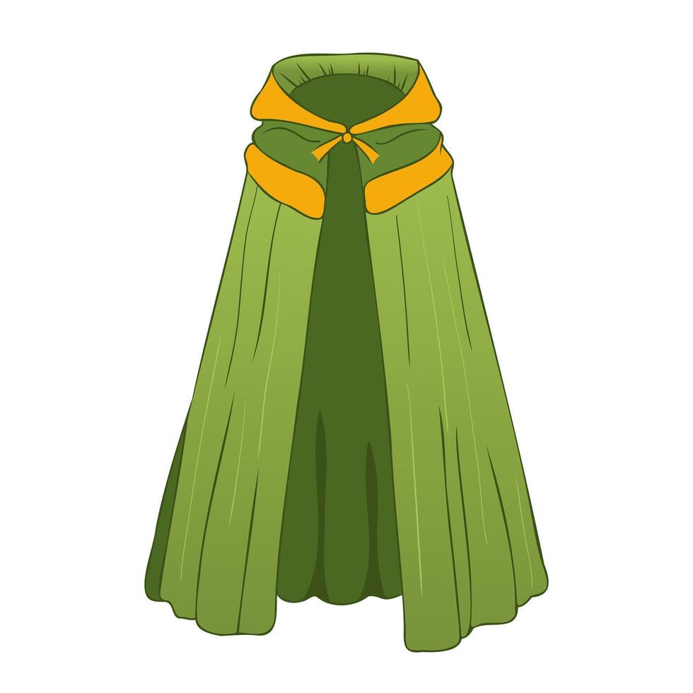 Green magic cloak with hood in flat design. Cape clothing with wavy fabric. illustration isolated. vector