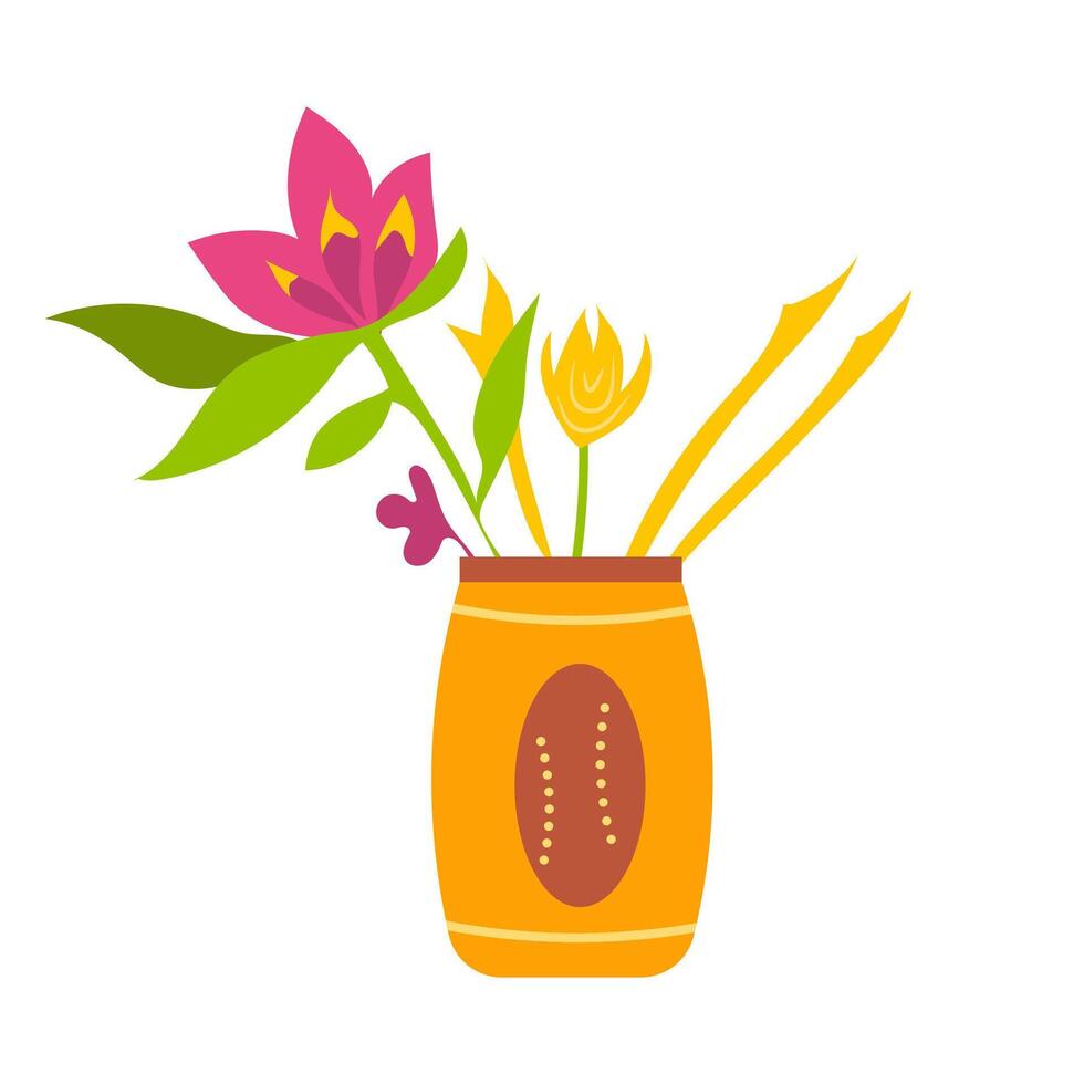 Tropical flowers in ornate vase in flat design. Blossom bouquet in pot. illustration isolated. vector