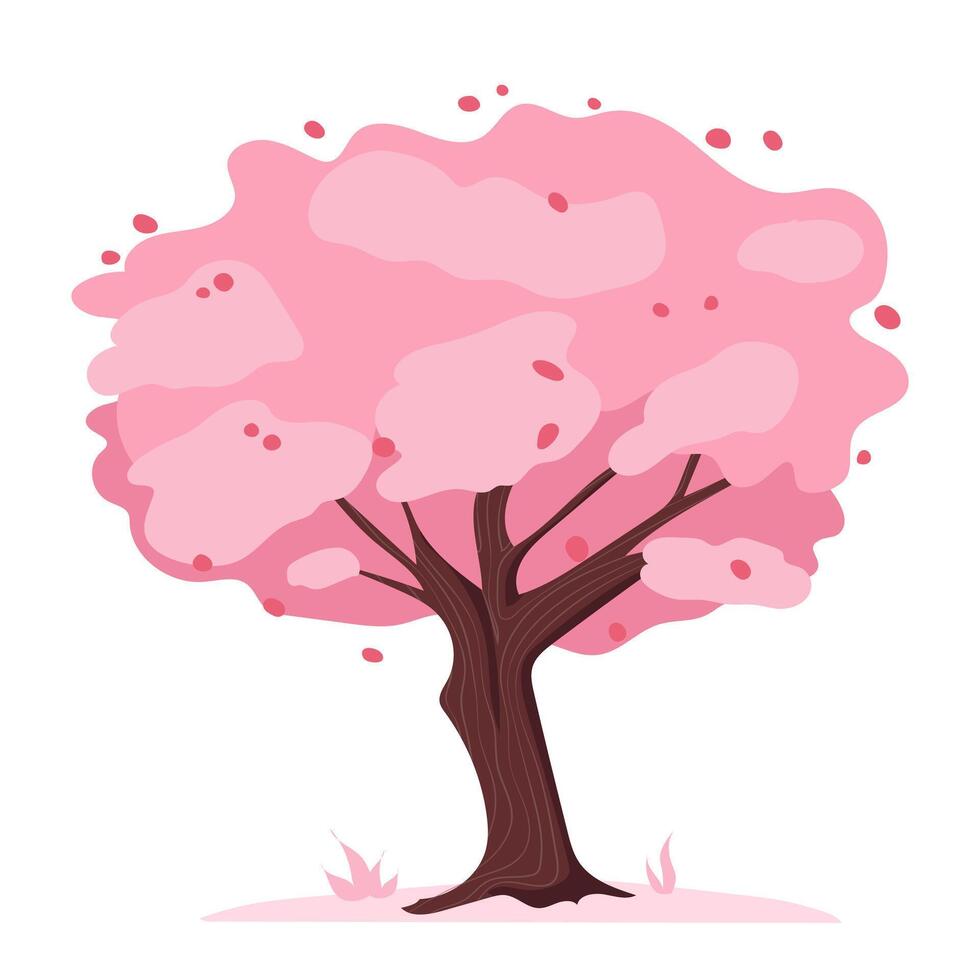 Japanese sakura tree blooming in flat design. Beautiful cherry blossoms. illustration isolated. vector