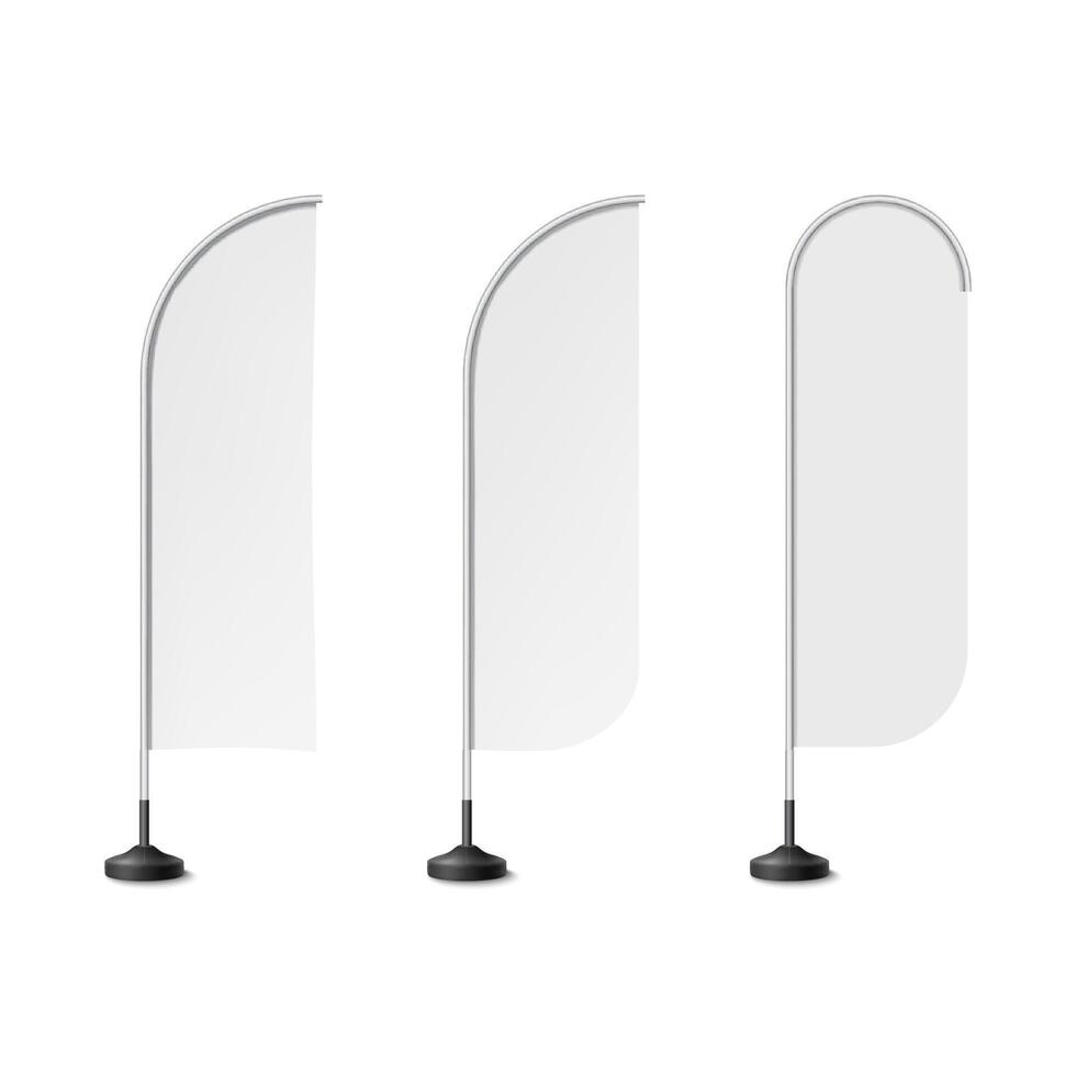 Realistic beach flags, white banner stand isolated 3d mockup. textile waving advertisement banner flags. vector