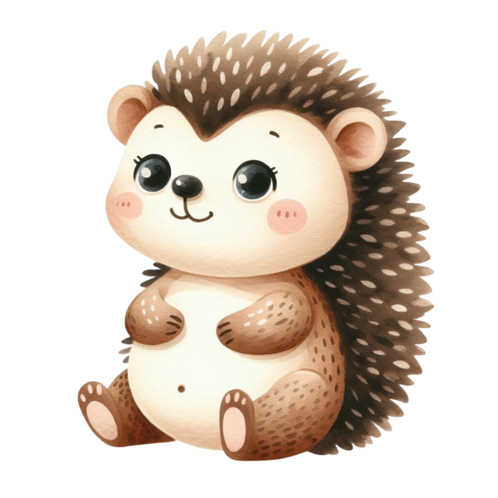 A cute, cartoon hedgehog sits contentedly with rosy cheeks. cutouts png