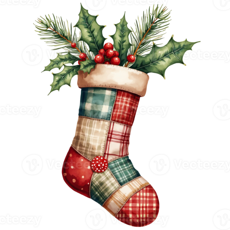 A Christmas stocking adorned with a patchwork cutouts png