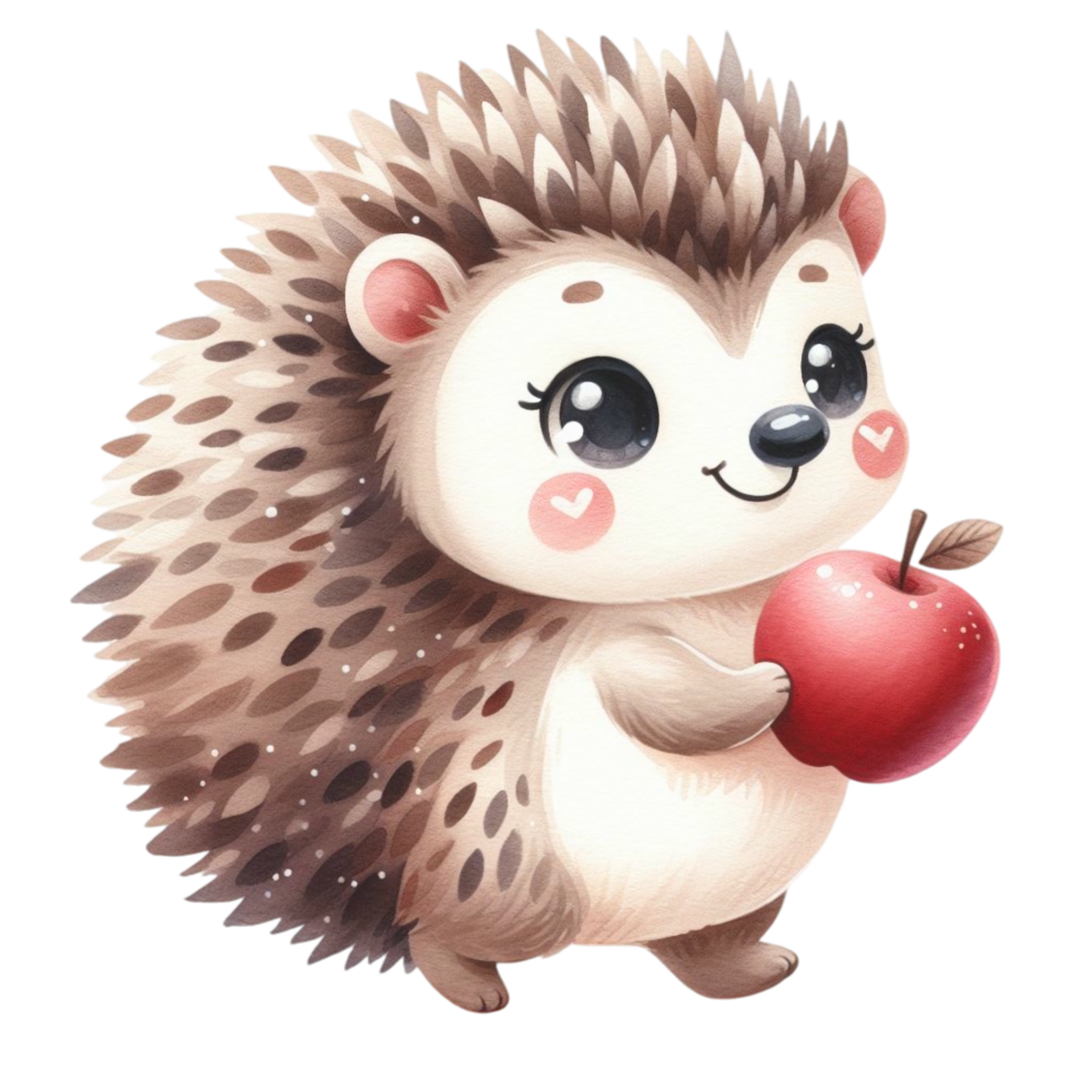 chubby hedgehog with rosy cheeks smiles and a red apple cutouts png