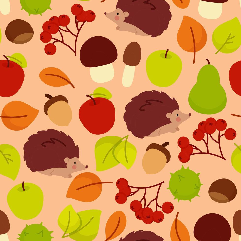 Autumn seamless pattern with hedgehogs and leaves vector