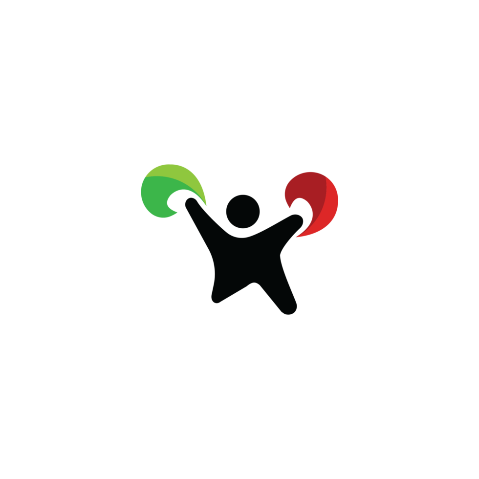 A logo with a person holding two red and green balloons png
